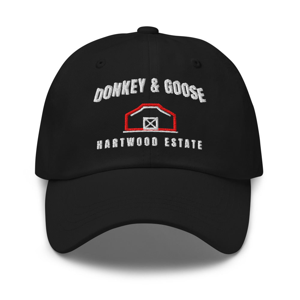 Donkey & Goose Dad Cap — Black, embroidered barn mark