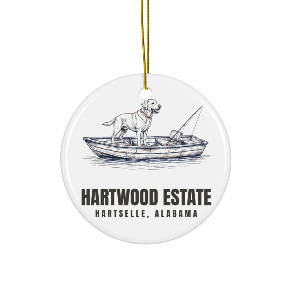 Hartwood Dog Ornament — yellow Lab in a jon boat