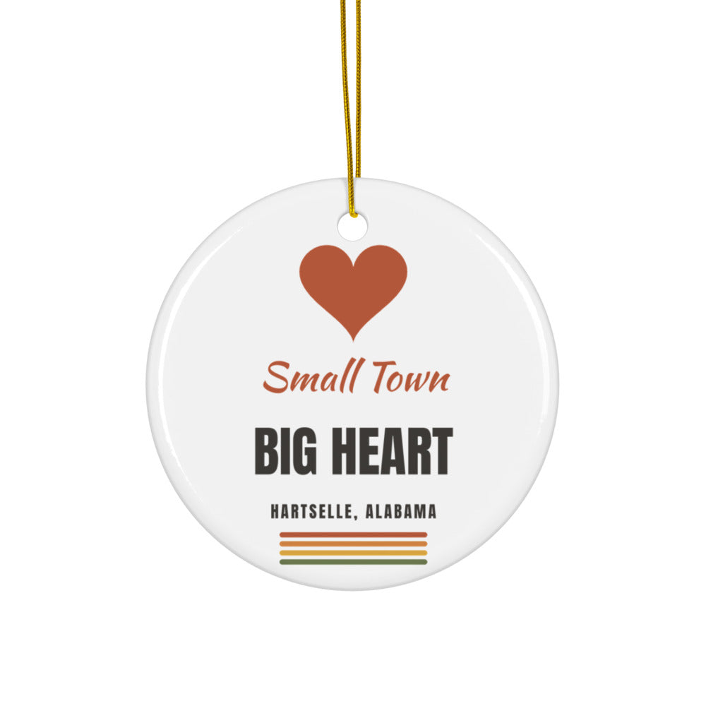 Small Town Big Heart ceramic ornament with rust heart design