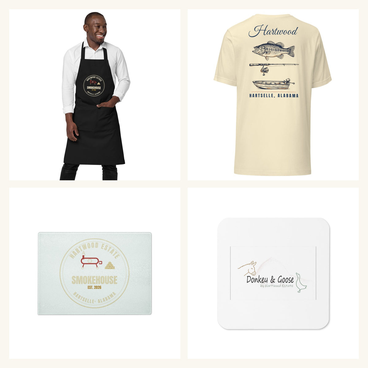 Hartwood Fishing Box — Smokehouse apron, fishing tee, glass cutting board, and coaster