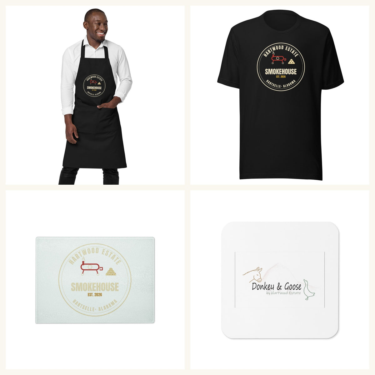 Hartwood Man Box — Smokehouse apron, tee, glass cutting board, and coaster