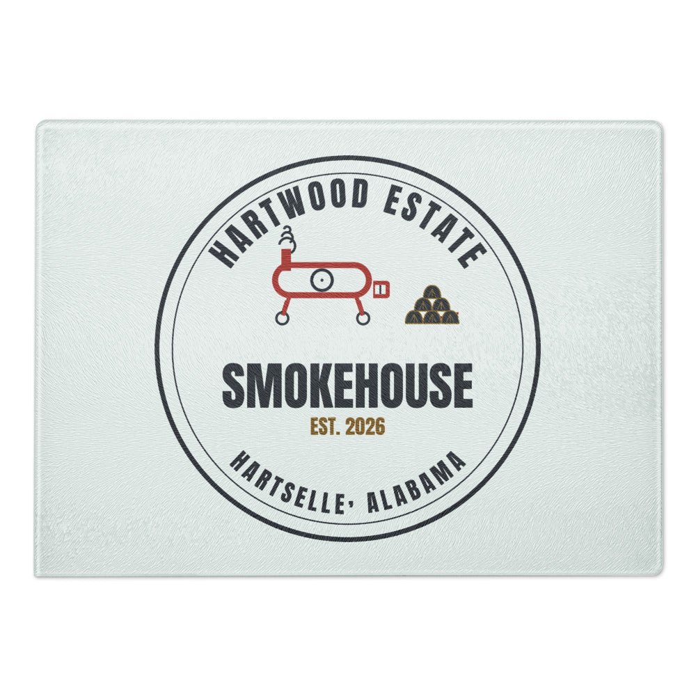 Hartwood Smokehouse Glass Cutting Board 11x15 with dark badge