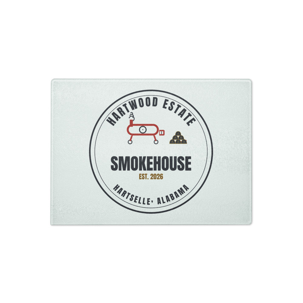 Hartwood Smokehouse Glass Cutting Board 8x11 with dark badge