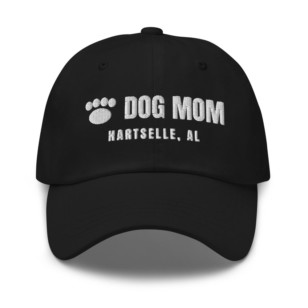 Dog Mom Cap — Black, paw + DOG MOM / HARTSELLE, AL embroidery