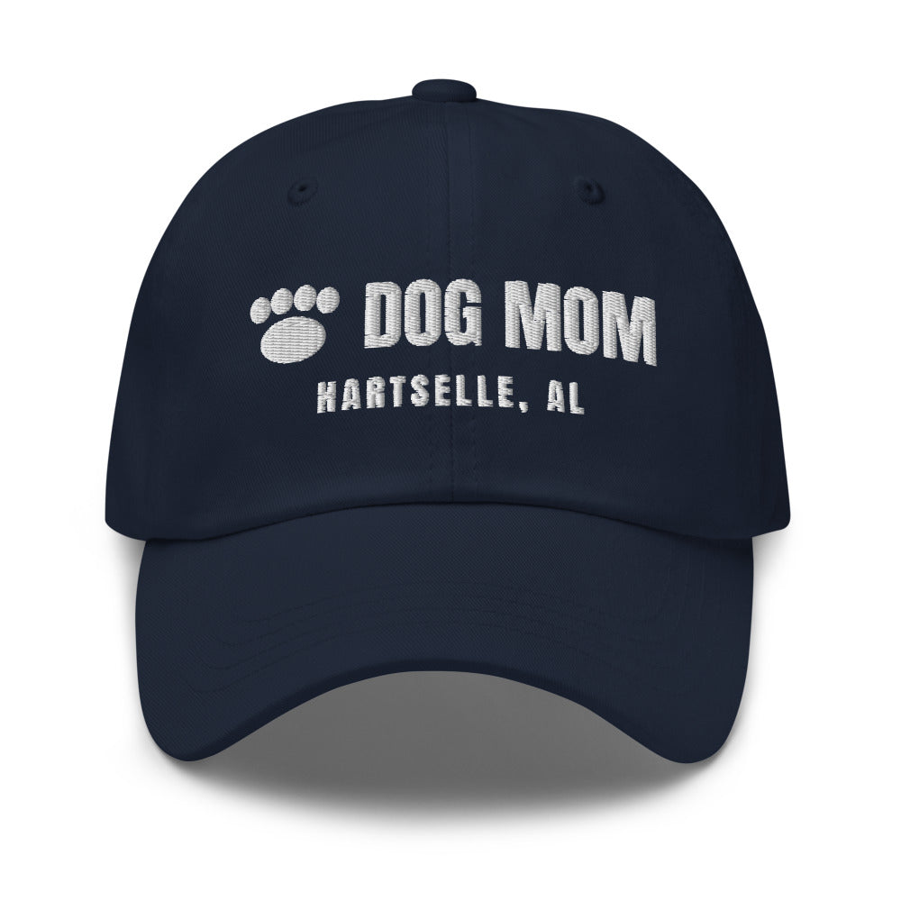 Dog Mom Cap — Navy, paw + DOG MOM / HARTSELLE, AL embroidery