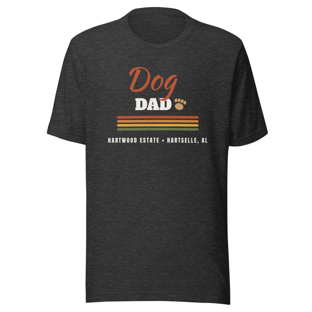 Dog Dad Tee — Dark Grey Heather, V1 lockup with paw beside DAD