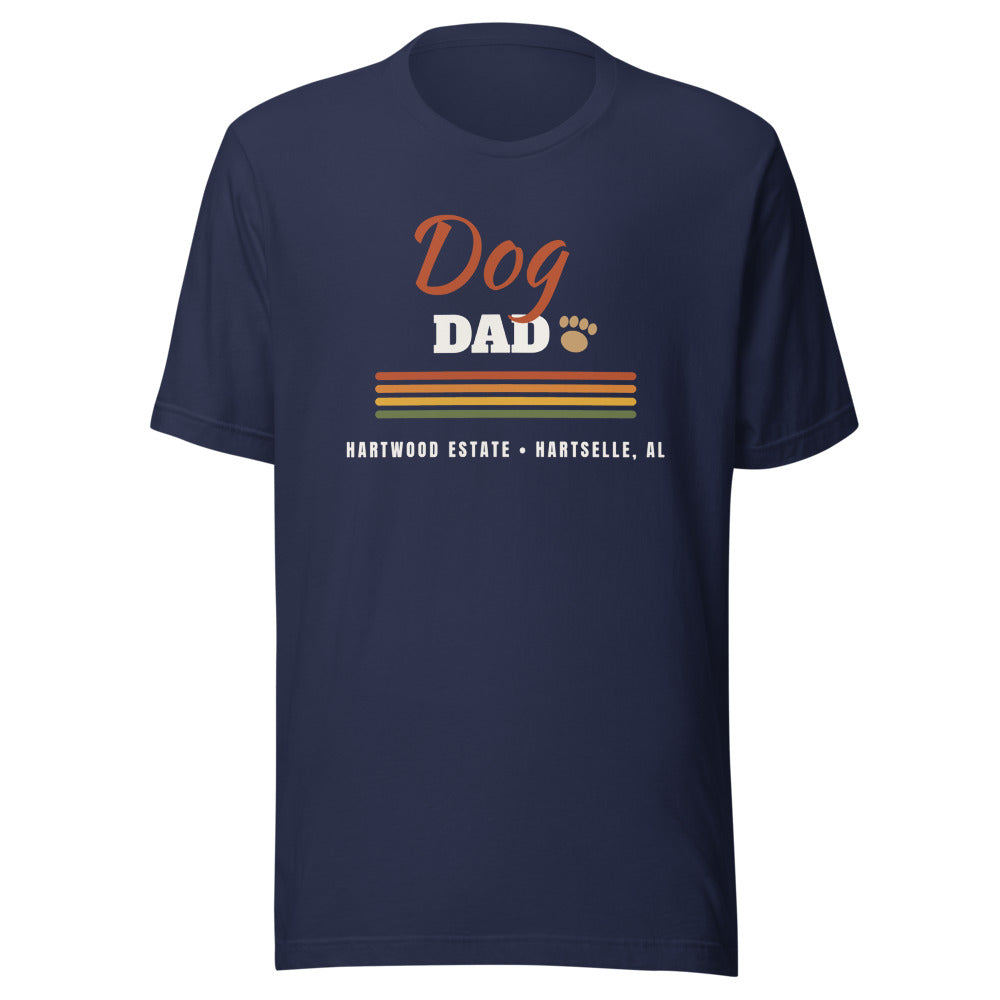 Dog Dad Tee — Navy, V1 lockup with paw beside DAD