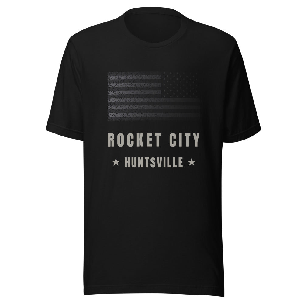 Rocket City Flag Tee front — wide flag, original direction