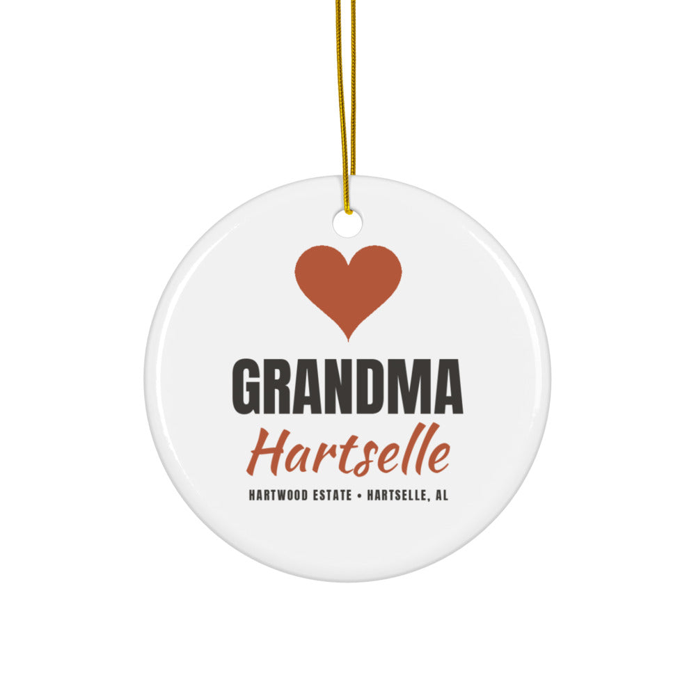 Hartselle Grandma Ornament — heart, GRANDMA, Hartselle script, Hartwood Estate signature