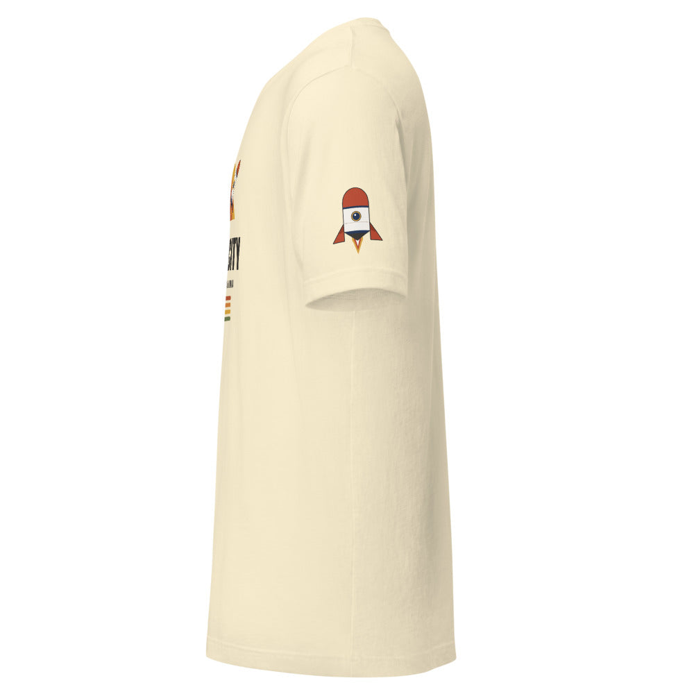 Rocket City Retro Tee — detailed rocket printed on the left sleeve