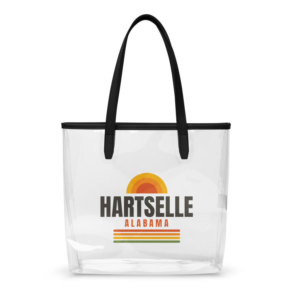Hartselle Clear Stadium Bag — front, full HARTSELLE ALABAMA retro sunset print