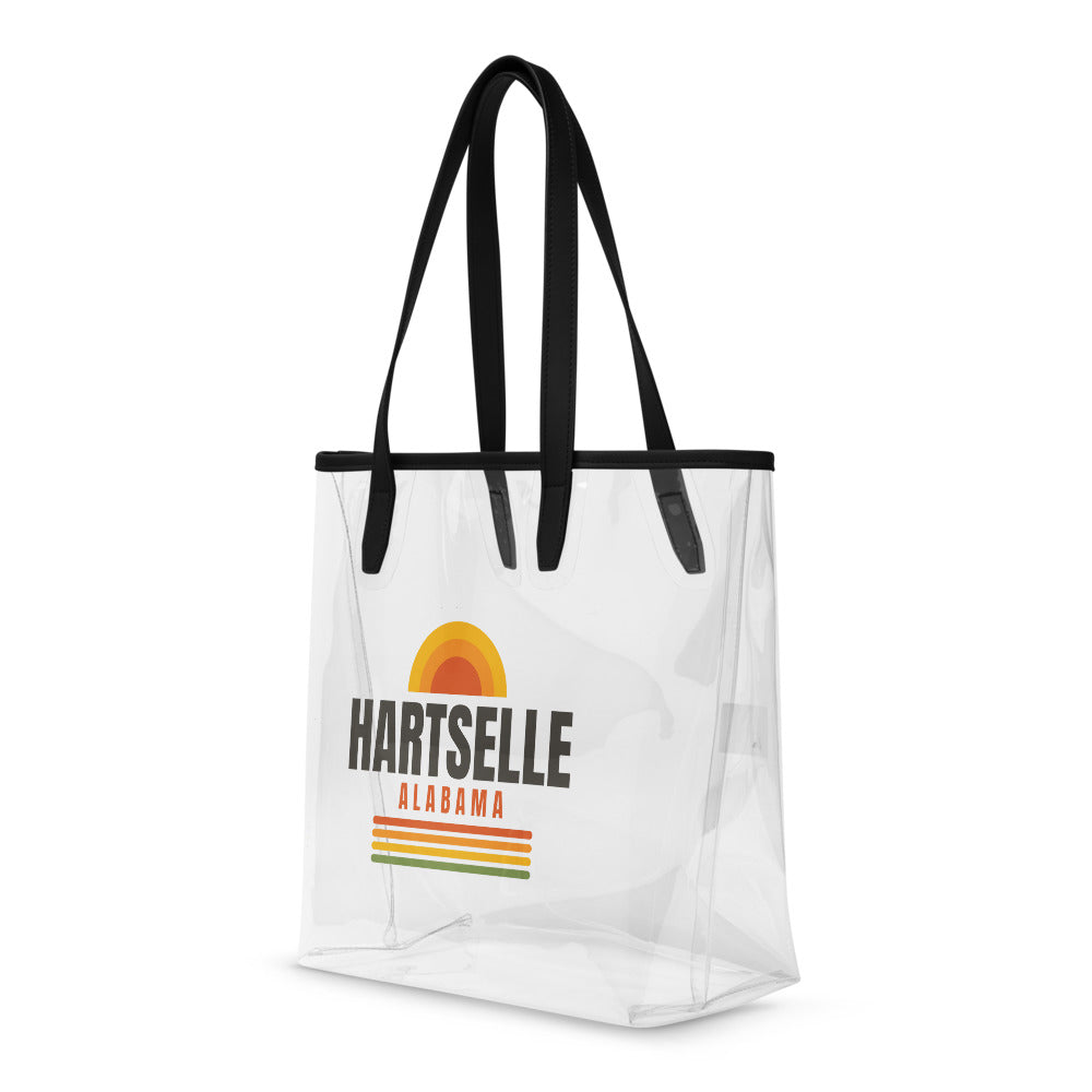 Hartselle Clear Stadium Bag — angled front view, full HARTSELLE print visible